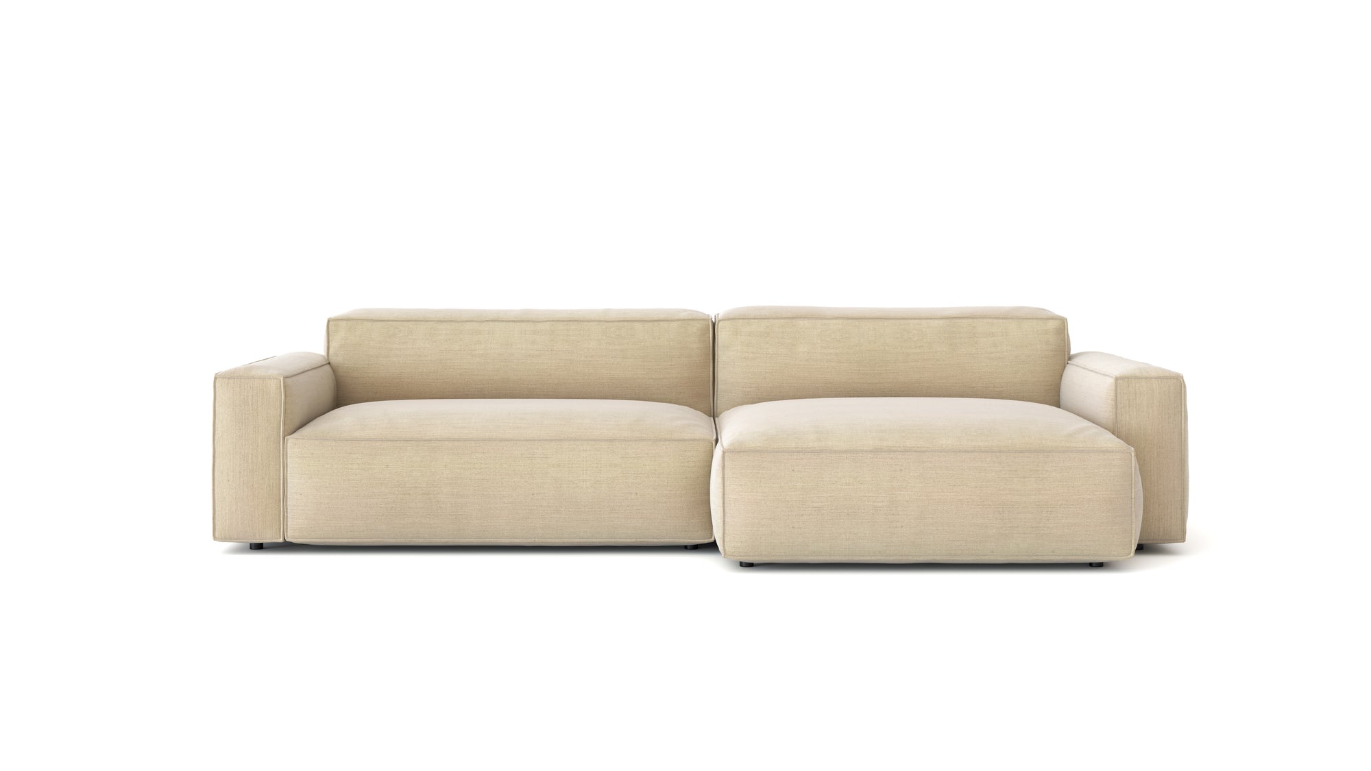 The Baker Modular Sofa | Fabric • M6 by Wooden Stories is a beige, modern two-seat sectional with feather filling, wide armrests, and low backrests, displayed against a plain white background.