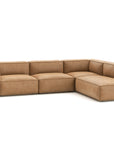 The Baker Modular Sofa | Leather • M7 by Wooden Stories is a modern L-shaped sofa in light brown leather with wide boxy cushions and low arms—an elegant piece that enhances any contemporary space.