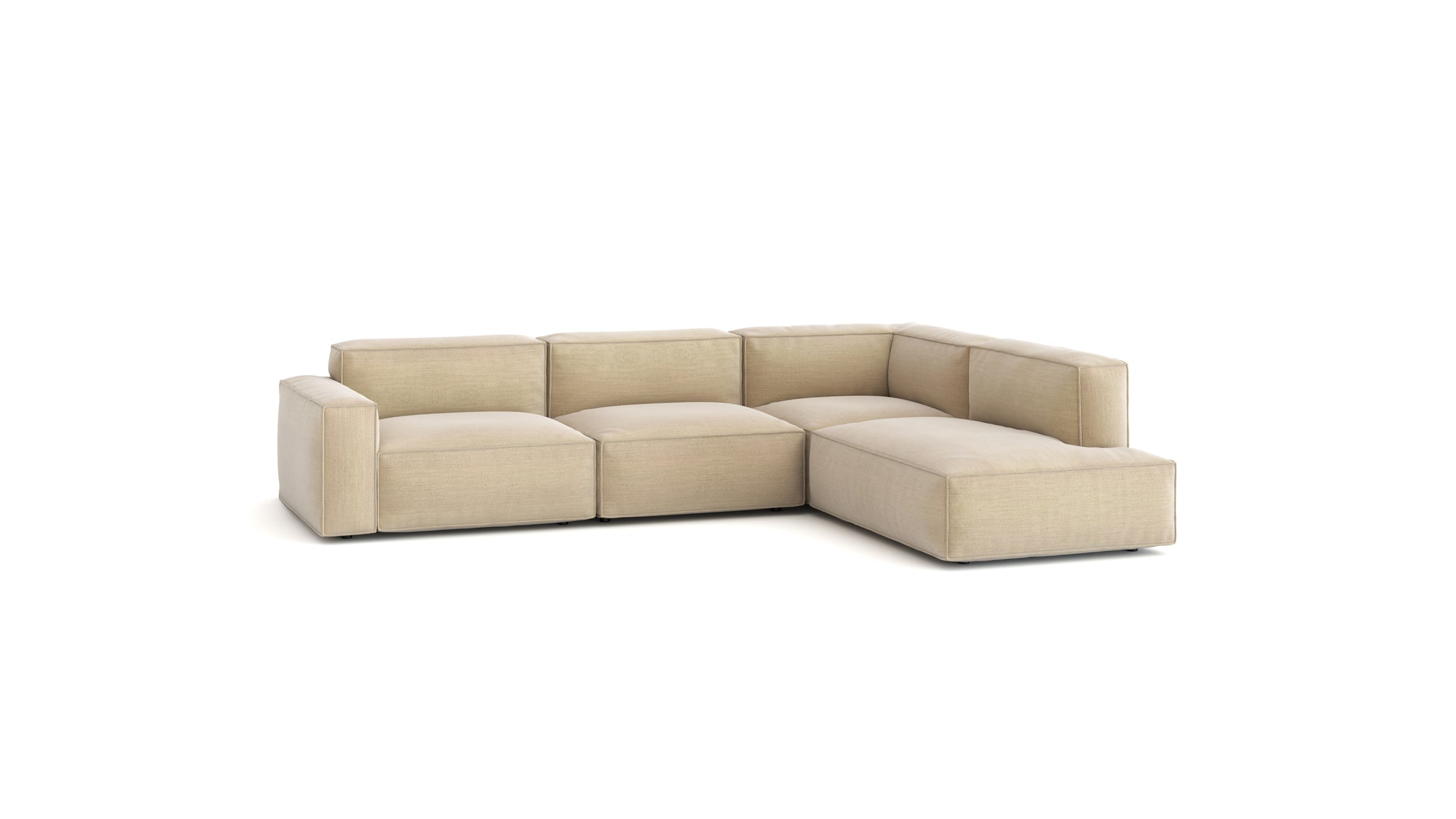 The Baker Modular Sofa | Fabric • M7 by Wooden Stories is a contemporary beige L-shaped piece with clean lines, low backrests, and square armrests, displayed on a white background.