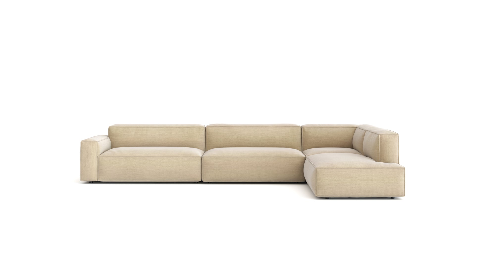 The Baker Modular Sofa | Fabric • M8 by Wooden Stories is a modern, beige L-shaped sofa with low, boxy cushions and clean lines—ideal for bringing Danish design flair to contemporary spaces.