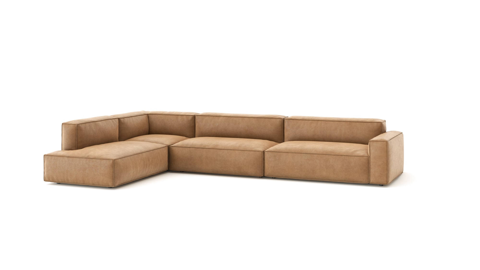 The Baker Modular Sofa | Leather • M8 by Wooden Stories is a tan leather L-shaped contemporary sofa with clean lines and padded armrests, shown against a white background.