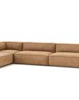 The Baker Modular Sofa | Leather • M8 by Wooden Stories is a tan leather L-shaped contemporary sofa with clean lines and padded armrests, shown against a white background.