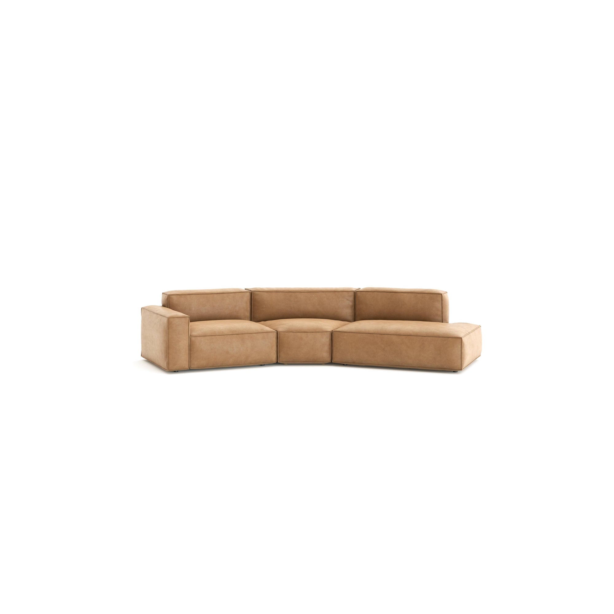 The Wooden Stories Baker Modular Sofa | Leather • M9 is a three-seater light brown sofa with square arms, minimalist design, and feather filling for comfort, shown against a plain white background.
