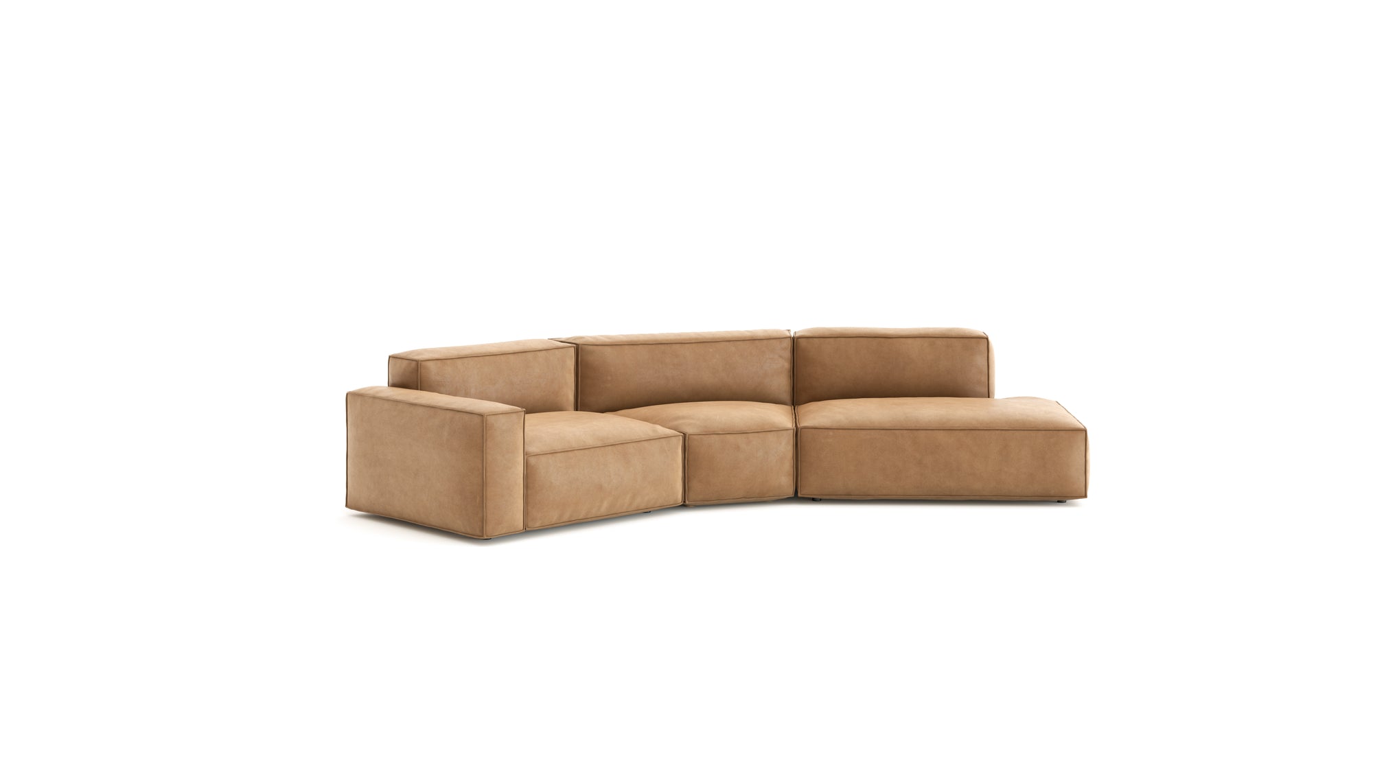 The Baker Modular Sofa | Leather • M9 by Wooden Stories features a modern tan leather design with three connected seats, clean square lines, and plush feather filling, shown on a plain white background.