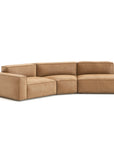The Baker Modular Sofa | Leather • M9 by Wooden Stories features a modern tan leather design with three connected seats, clean square lines, and plush feather filling, shown on a plain white background.