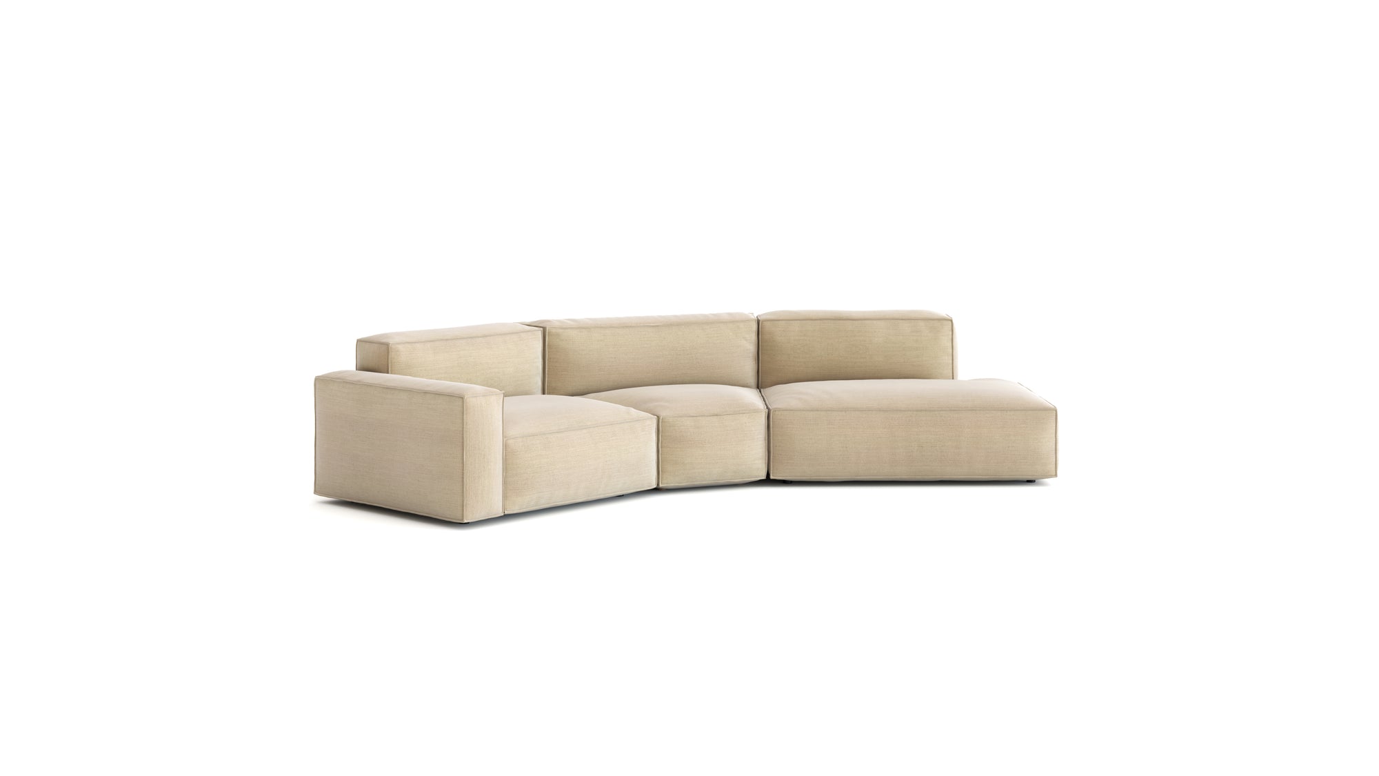 The Baker Modular Sofa | Fabric • M9 by Wooden Stories is a modern beige modular sofa with three connected pieces, featuring a corner seat and ottoman-style end, displayed against a plain white background.