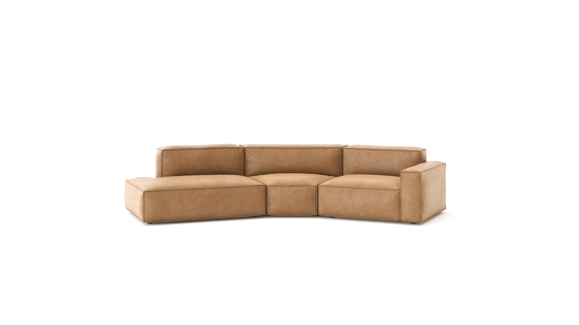 The Baker Modular Sofa | Leather • M9 by Wooden Stories features three connected tan leather seats, wide armrests, and feather filling for comfort, all shown against a plain white background.