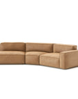 The Wooden Stories Baker Modular Sofa | Leather • M9 is a modern, light brown leather sofa with three connected seats, including a corner seat, clean lines, low square armrests, and feather filling for comfort, shown against a white background.