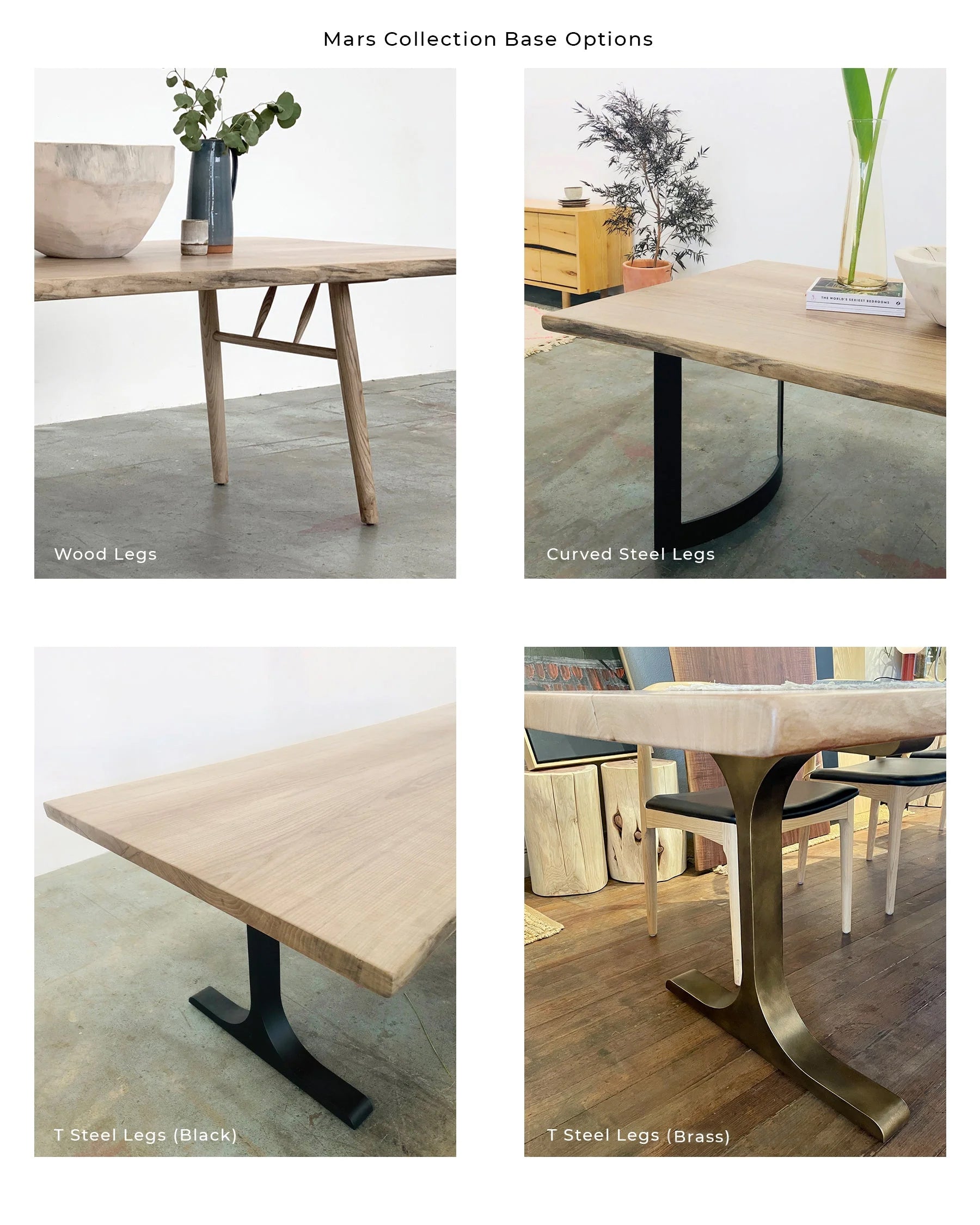 Four images display base options for the SOBU Mars Live Edge Dining Table—wood legs, curved steel, black T-shaped steel, and brass T-legs—all supporting a solid black ash tabletop in a modern setting.
