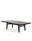 The SOBU Mars Live Edge Coffee Table - Black Ash features a minimalist rectangular solid wood design with four sturdy legs and angled supports, shown here against a plain white background.