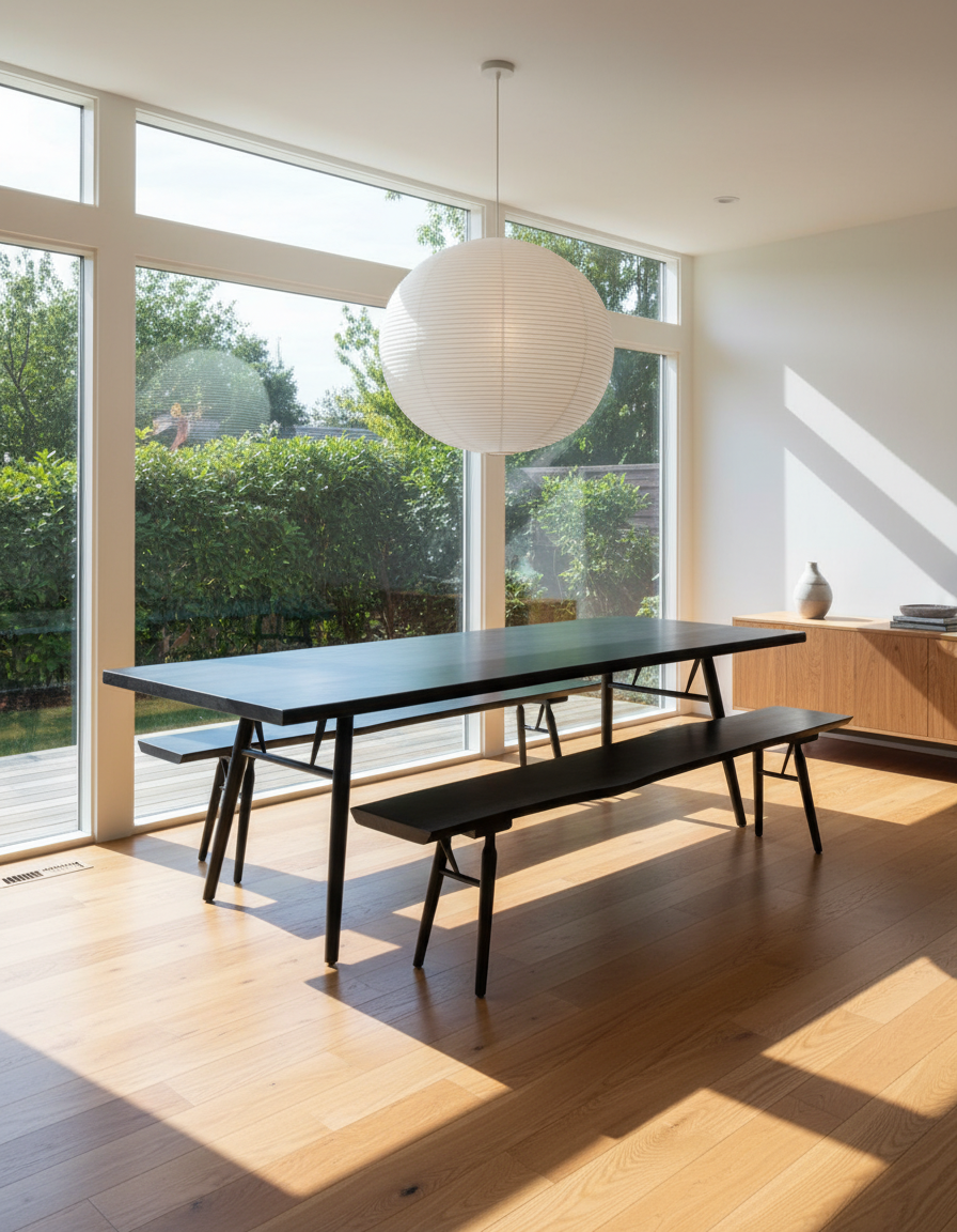 A modern dining area features the SOBU Mars Live Edge Dining Table in Black Ash with wood legs, set on light wood floors with large windows framing outdoor greenery and a round white pendant lamp above.