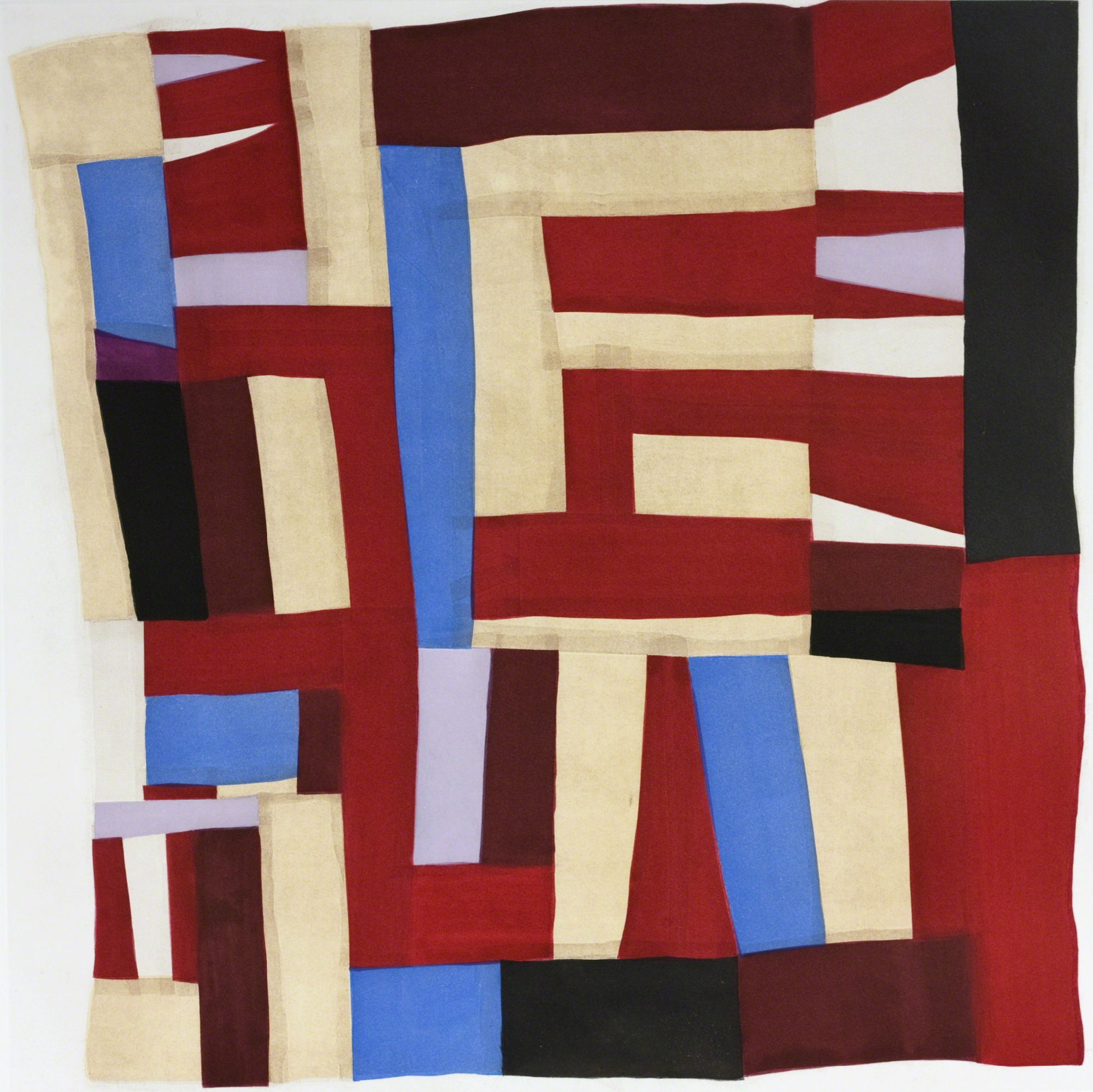 Discover “Fourteen, 2014” by Mary Lee Bendolph, a fine art print from Paulson Fontaine Press featuring red, beige, black, blue, and purple rectangles interspersed with irregular shapes. This geometric composition on a white background echoes the bold artistry of Gee’s Bend quilts and reflects the rich sense of layered history characteristic of Bendolph’s masterful work.