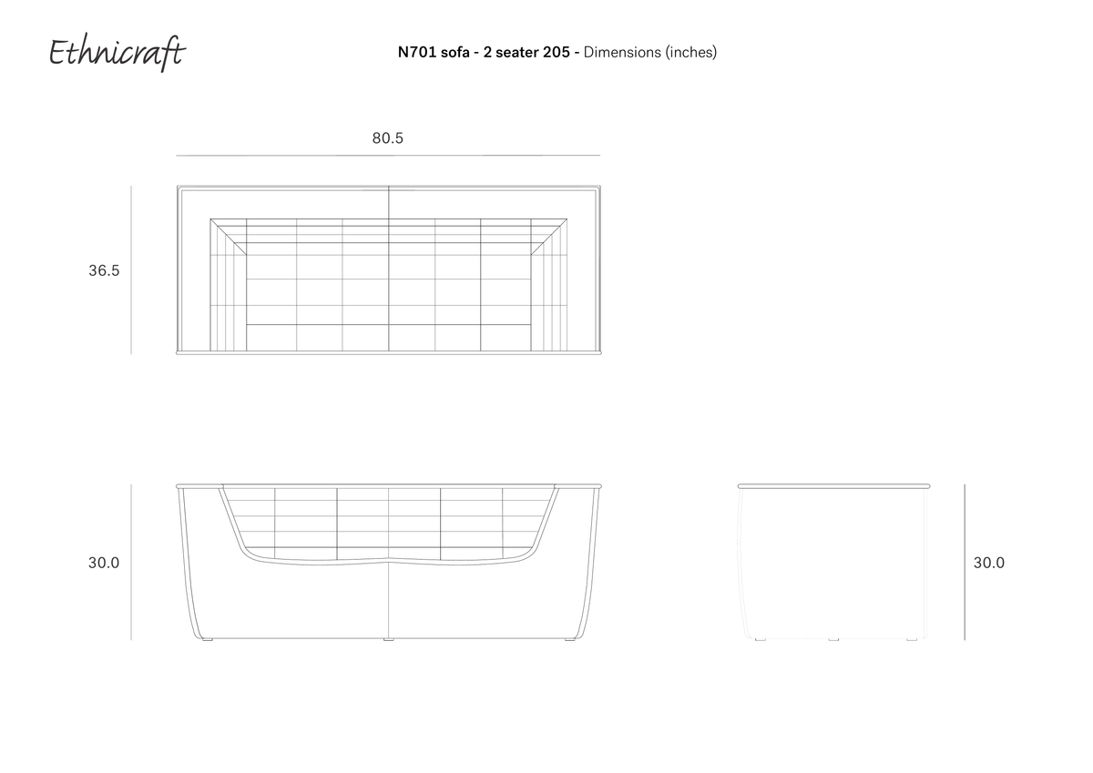 Line drawings of the Ethnicraft N701 3-Seater Sofa in Beige highlight its refined European design, featuring detailed dimensions: width 80.5 inches, height 36.5 inches, and side view height 30 inches. Three illustrated views—front, side, and top—emphasize the modular sofa’s versatile profile.