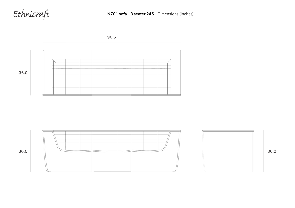 Line drawing of the Ethnicraft N701 3-Seater Sofa | Dark Grey showing top, front, and side views, with dimensions: width 96.5 inches, height 30 inches, and depth 36 inches—highlighting its versatile European design.