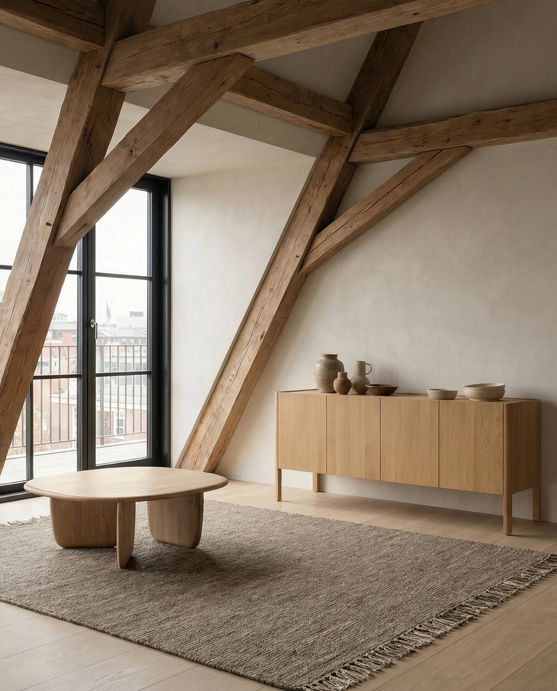 A minimalist living room with exposed beams, large windows, and a light wood coffee table sits on a textured rug. The Wooden Stories Nell Sideboard in Light Oak displays ceramic vases and bowls, enhancing the Scandinavian style as natural light fills the space.