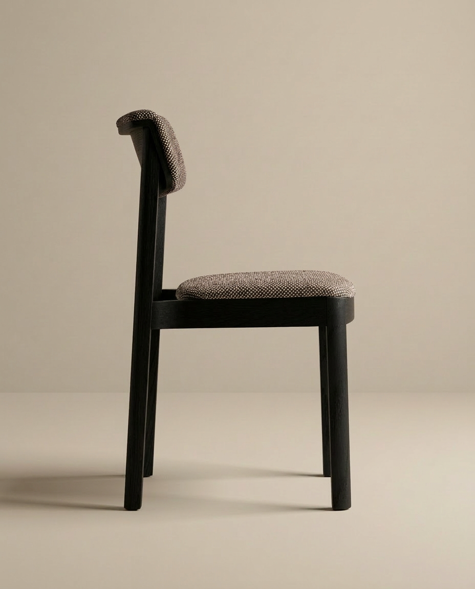 The Wooden Stories Noki Dining Chair in Black Oak with fabric upholstery is shown in profile against a neutral beige background, highlighting its modern design and solid wood frame.