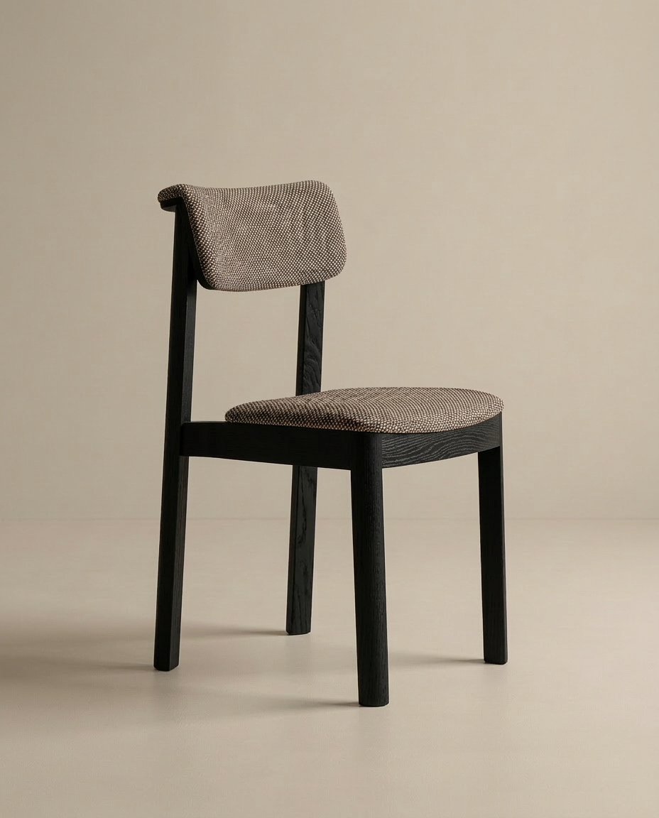 The Wooden Stories Noki Dining Chair features a contract-grade black oak frame and textured taupe fabric seat and backrest, set against a plain beige background.