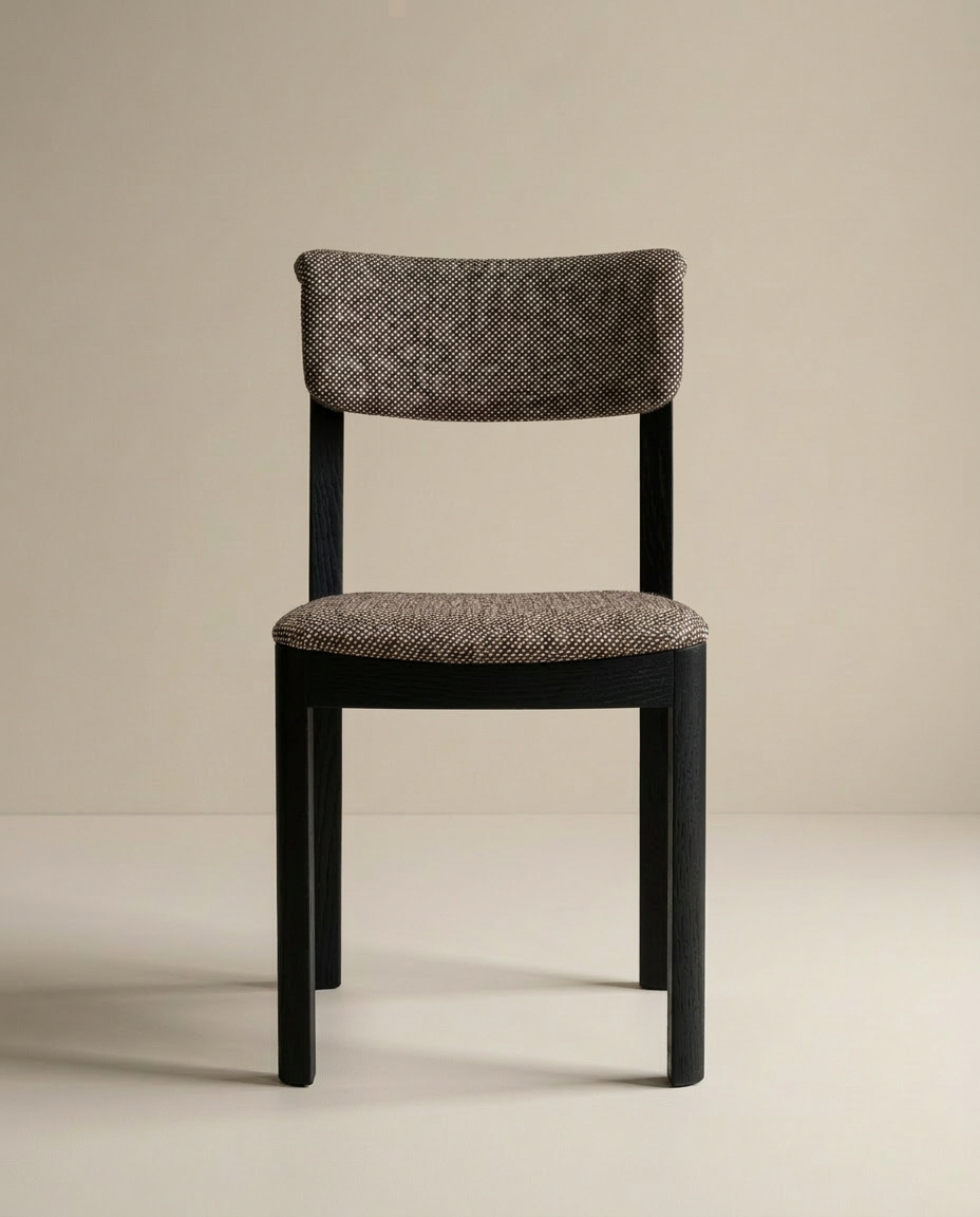 The Noki Dining Chair by Wooden Stories features a modern, contract-grade black oak frame with a textured, upholstered seat and backrest in a brown and white pattern set against a neutral beige background.