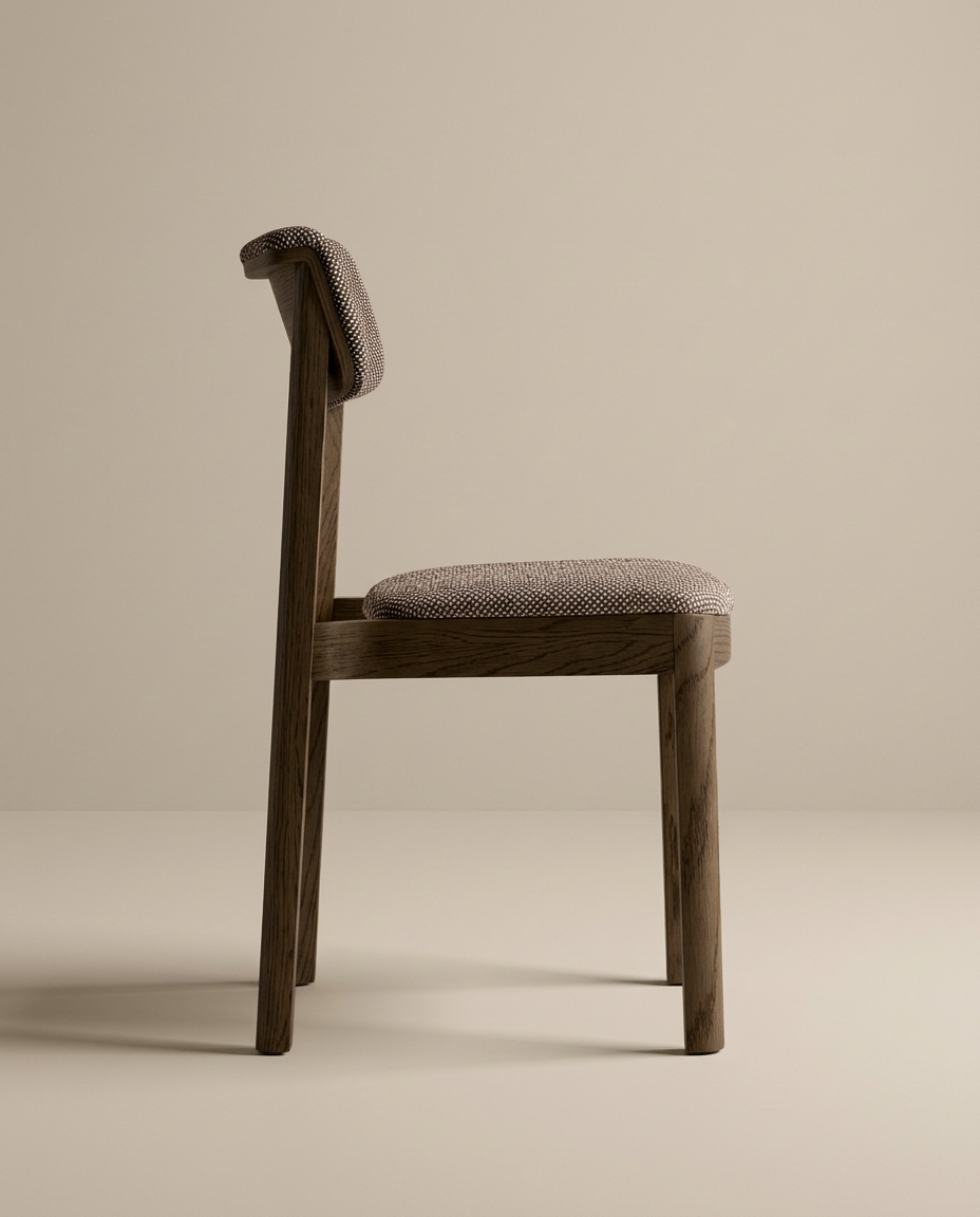 The Wooden Stories Noki Dining Chair in Espresso Oak with Fabric is shown in side view, featuring a padded, textured seat and backrest. This minimalist solid wood chair has simple lines and a natural finish, ideal for contract grade settings.