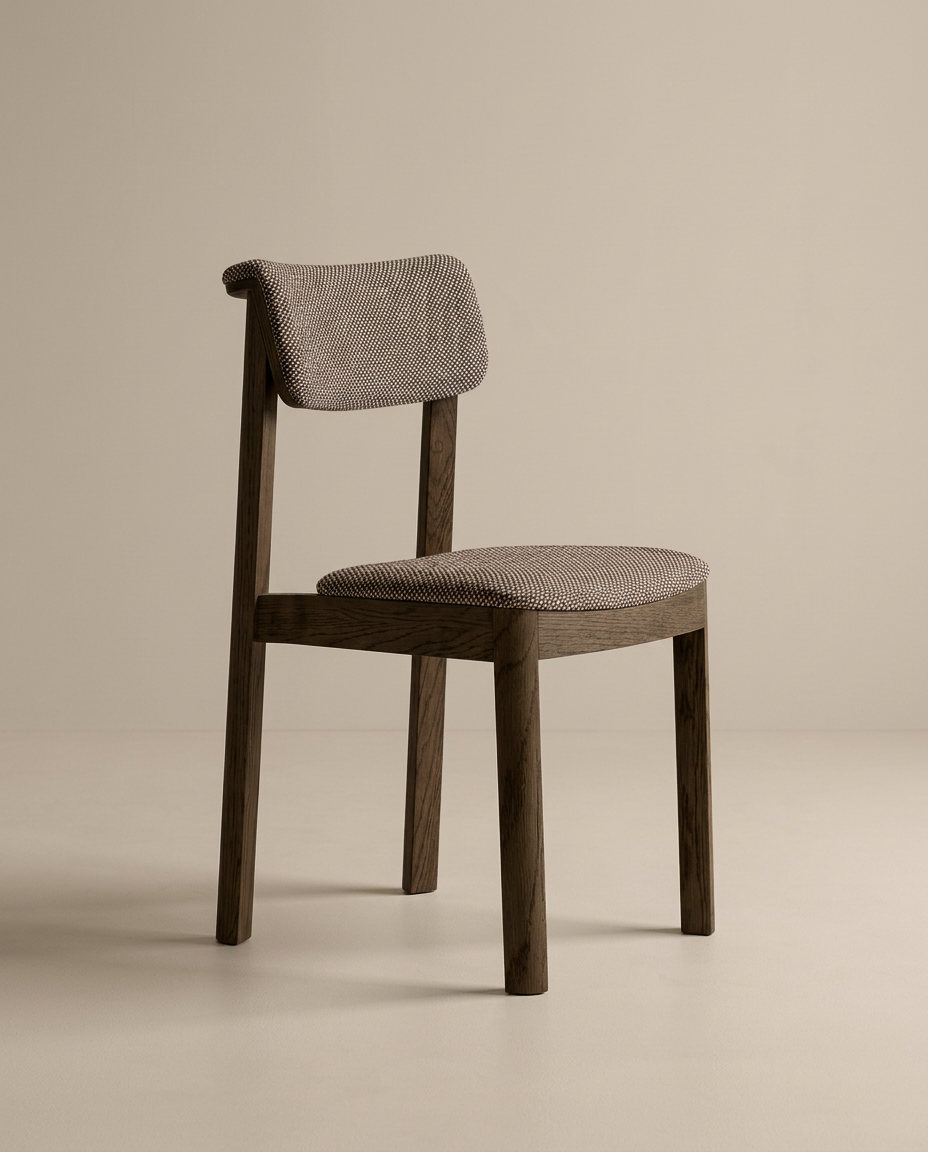 The Noki Dining Chair by Wooden Stories features an espresso oak frame with fabric-cushioned, textured seat and backrest. Its contract grade build and clean lines exemplify modern simplicity against a plain beige background.
