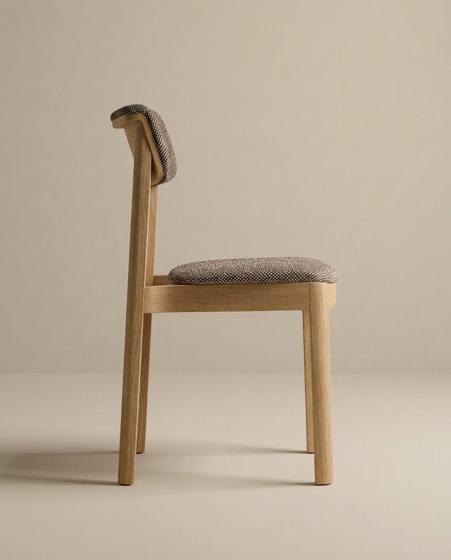 The Noki Dining Chair by Wooden Stories features a modern solid light oak frame with a cushioned seat and backrest in textured fabric, shown from the side on a beige background—ideal for contract grade interiors.