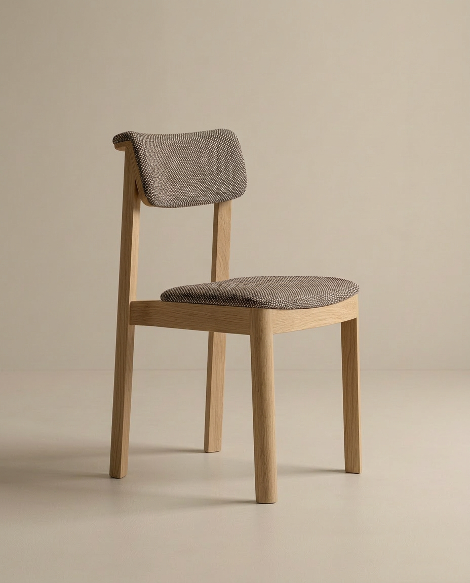 The Noki Dining Chair by Wooden Stories features a minimalist light oak frame with cushioned seat and backrest in textured fabric—ideal for contract grade interiors.