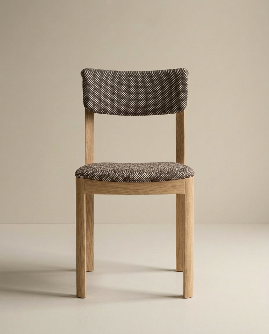 The Wooden Stories Noki Dining Chair in Light Oak features contract grade solid wood, a cushioned seat and back in textured gray fabric, and is shown against a beige background.