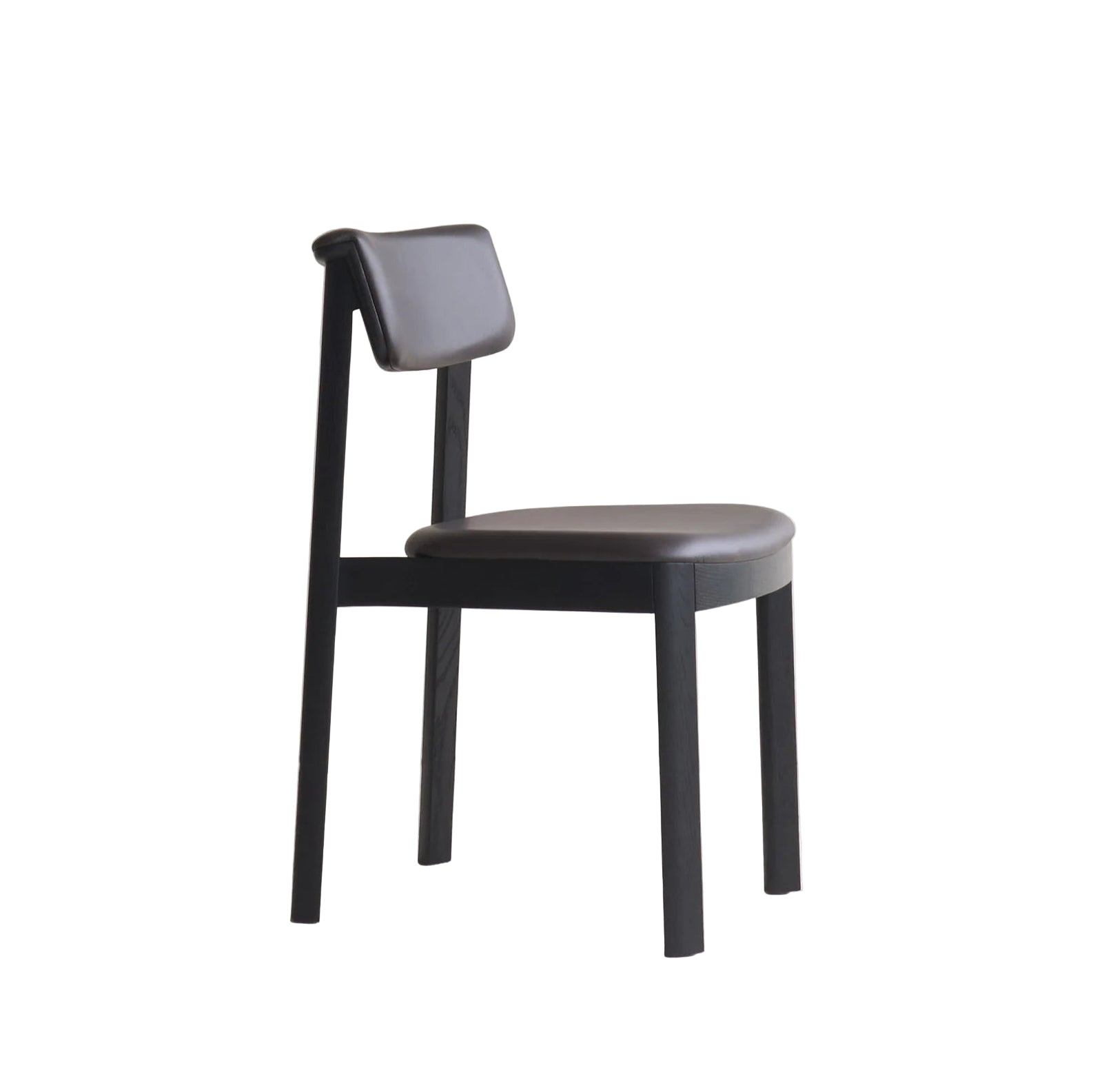 The Noki Dining Chair by Wooden Stories features a modern minimalist design in black oak with a padded leather seat and backrest, straight legs, and contract-grade solid wood construction, shown against a white background.