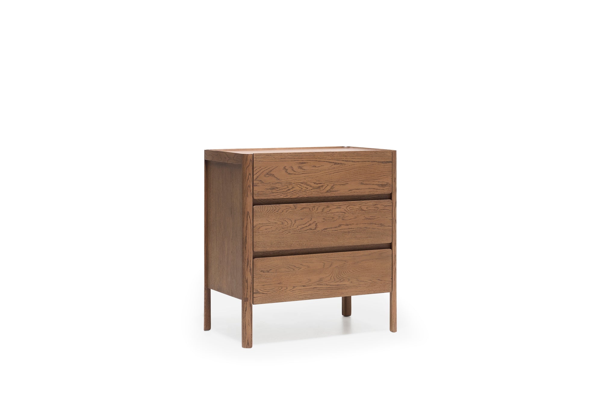 The Nell Tall Dresser by Wooden Stories, featuring three drawers with premium metal runners for smooth operation, is crafted from wood in the Danish Collection style. With its natural finish and minimalist clean lines, this dresser stands on four legs against a plain white background—an ideal choice for bedroom storage.