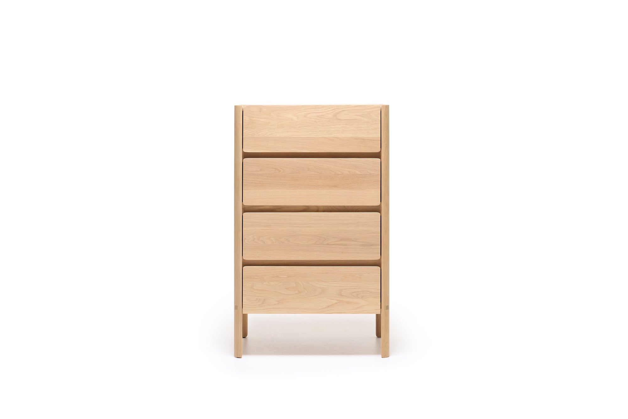 The Nell Tall Dresser by Wooden Stories from the Danish Collection is a light wood dresser featuring four horizontal drawers, viewed from the front and standing on short legs against a white background. This elegant piece provides premium bedroom storage, offering smooth and reliable drawer operation with its high-quality metal runners.