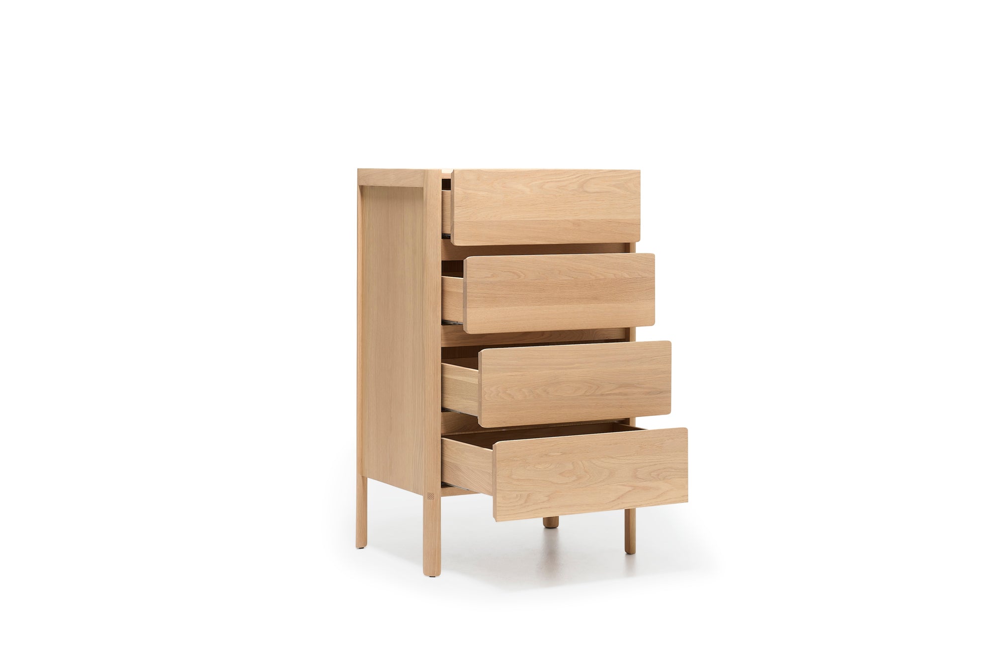 The Nell Tall Dresser by Wooden Stories from the Danish Collection features four partially open drawers and stands on four legs against a white background. Ideal for bedroom storage, each drawer glides smoothly on premium metal runners.