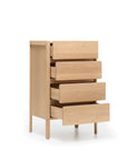 The Nell Tall Dresser by Wooden Stories from the Danish Collection features four partially open drawers and stands on four legs against a white background. Ideal for bedroom storage, each drawer glides smoothly on premium metal runners.