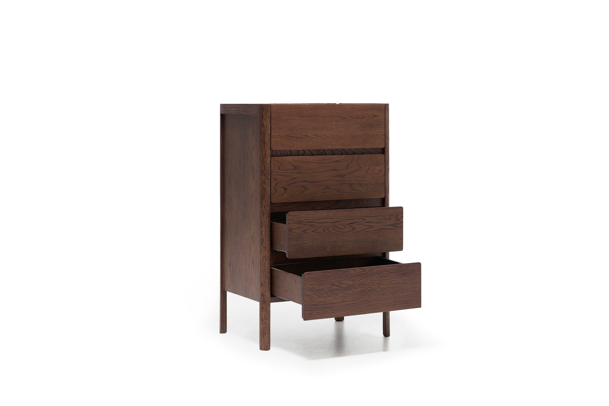The Nell Tall Dresser by Wooden Stories is a dark wood piece from the Danish Collection, featuring four spacious drawers—three shown partially open—for generous bedroom storage. Elevated on tall legs and equipped with premium metal runners for smooth, durable drawer operation, this elegant dresser is set against a crisp white background.