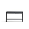The Nell Console by Wooden Stories features a modern black oak frame, stone accents, and a white lower shelf inspired by Scandinavian design, shown against a plain white background.