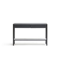 The Nell Console by Wooden Stories features a modern black oak frame, stone accents, and a white lower shelf inspired by Scandinavian design, shown against a plain white background.