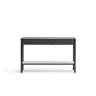 The Nell Console by Wooden Stories features a modern black oak frame, stone accents, and a white lower shelf inspired by Scandinavian design, shown against a plain white background.