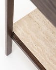 Close-up of the Nell Console by Wooden Stories, featuring an espresso oak frame and legs with a light beige stone shelf, shown against a plain white background.