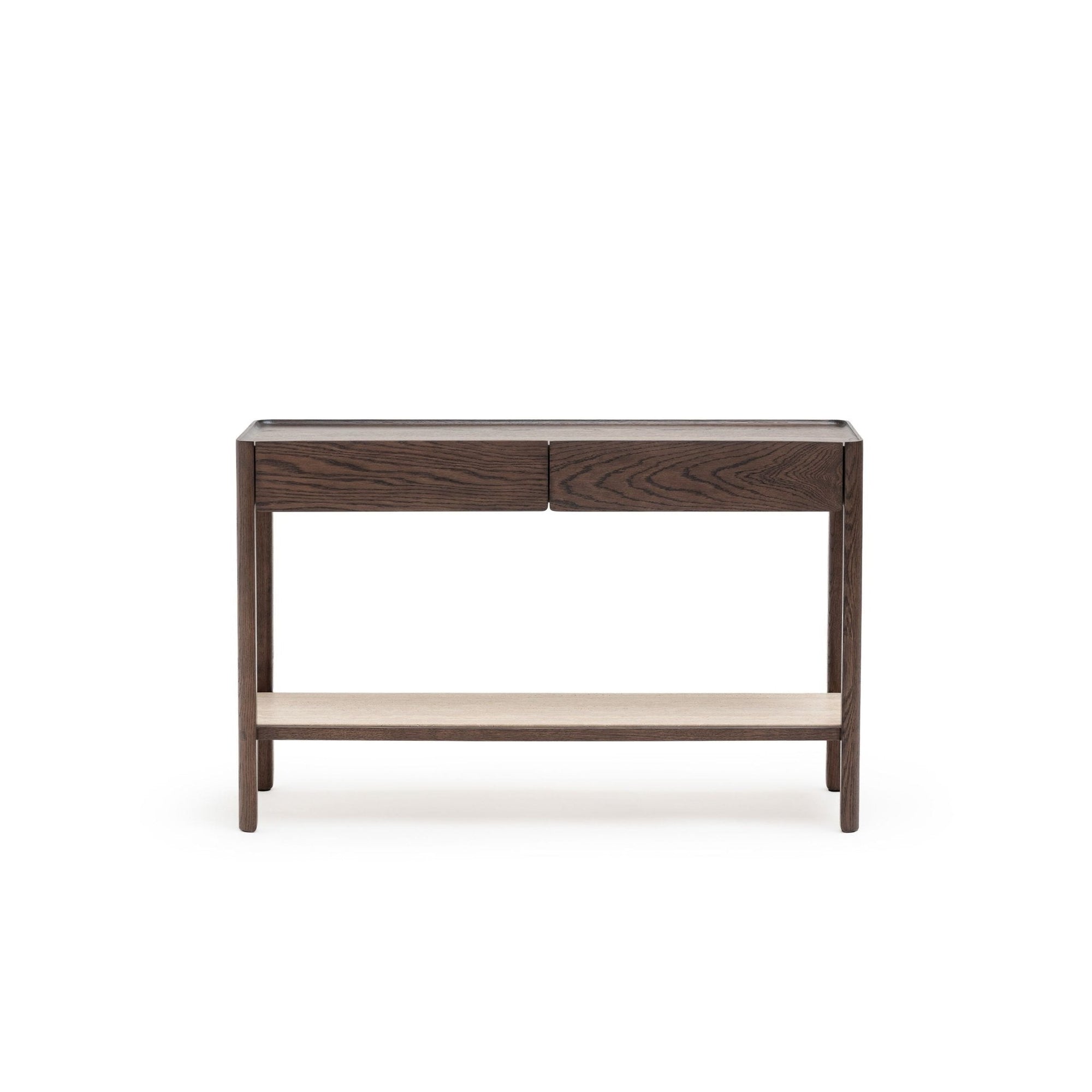 The Wooden Stories Nell Console in Espresso Oak with Stone features two dark wood drawers, four straight legs, and a light lower shelf, shown against a plain white background.