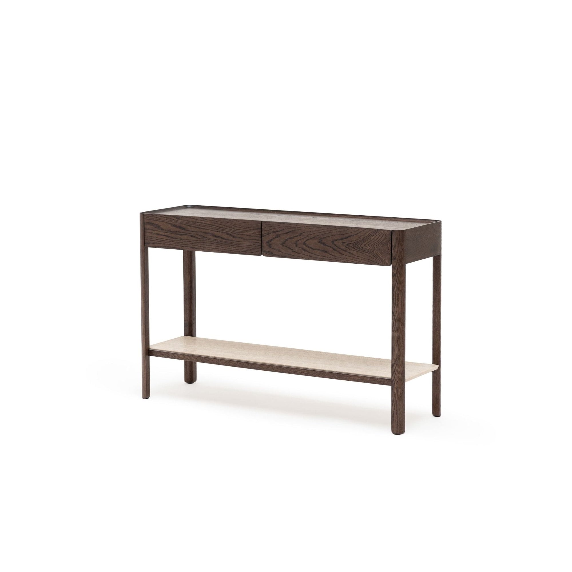The Nell Console by Wooden Stories features an espresso oak frame, two front drawers, and a stone-toned lower shelf, shown against a plain white background.