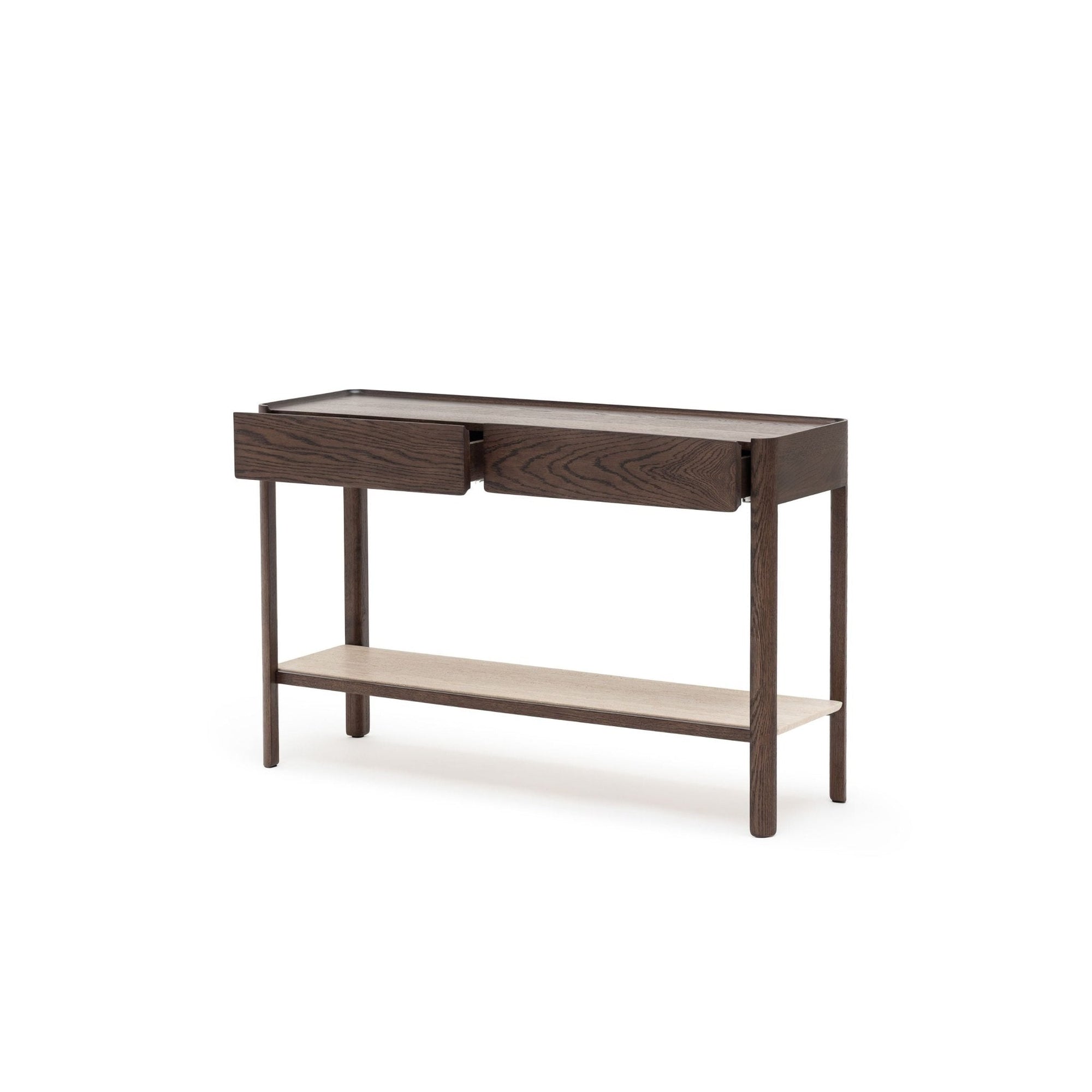 The Nell Console by Wooden Stories features an espresso oak finish, two drawers, and a stone-colored lower shelf, shown against a plain white background.