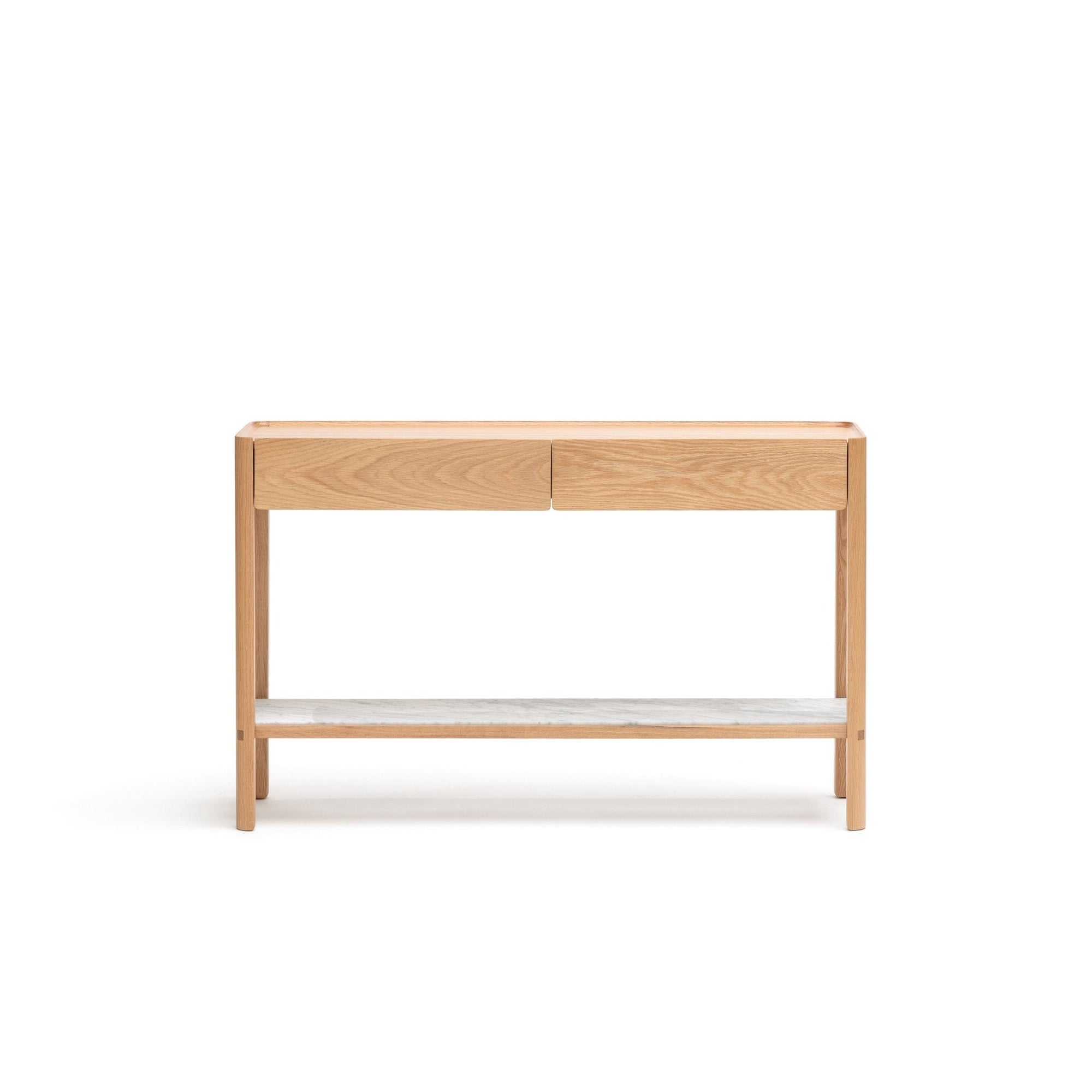 The Nell Console by Wooden Stories features two drawers, an open lower shelf, and a light oak with stone top. Its solid oak build and minimalist Scandinavian design stand out beautifully against a white background.