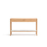 The Nell Console by Wooden Stories features two drawers, an open lower shelf, and a light oak with stone top. Its solid oak build and minimalist Scandinavian design stand out beautifully against a white background.