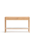 The Nell Console by Wooden Stories features two drawers, an open lower shelf, and a light oak with stone top. Its solid oak build and minimalist Scandinavian design stand out beautifully against a white background.