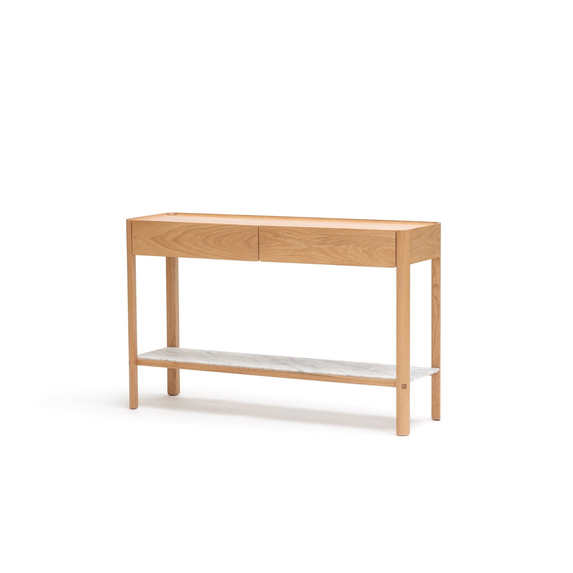 The Nell Console by Wooden Stories features solid light oak, two drawers, a stone lower shelf, and minimalist Scandinavian design, elegantly presented against a plain white background.