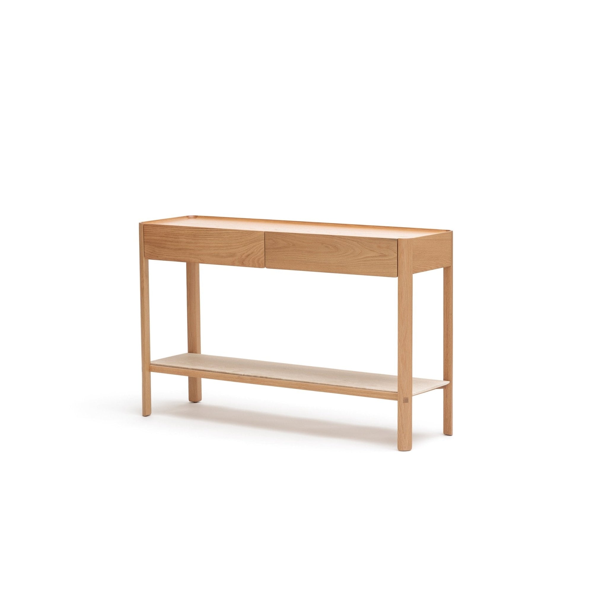 The Nell Console by Wooden Stories features solid light oak with stone accents, two drawers, a lower shelf, and minimalist lines—a perfect Scandinavian piece for modern spaces.