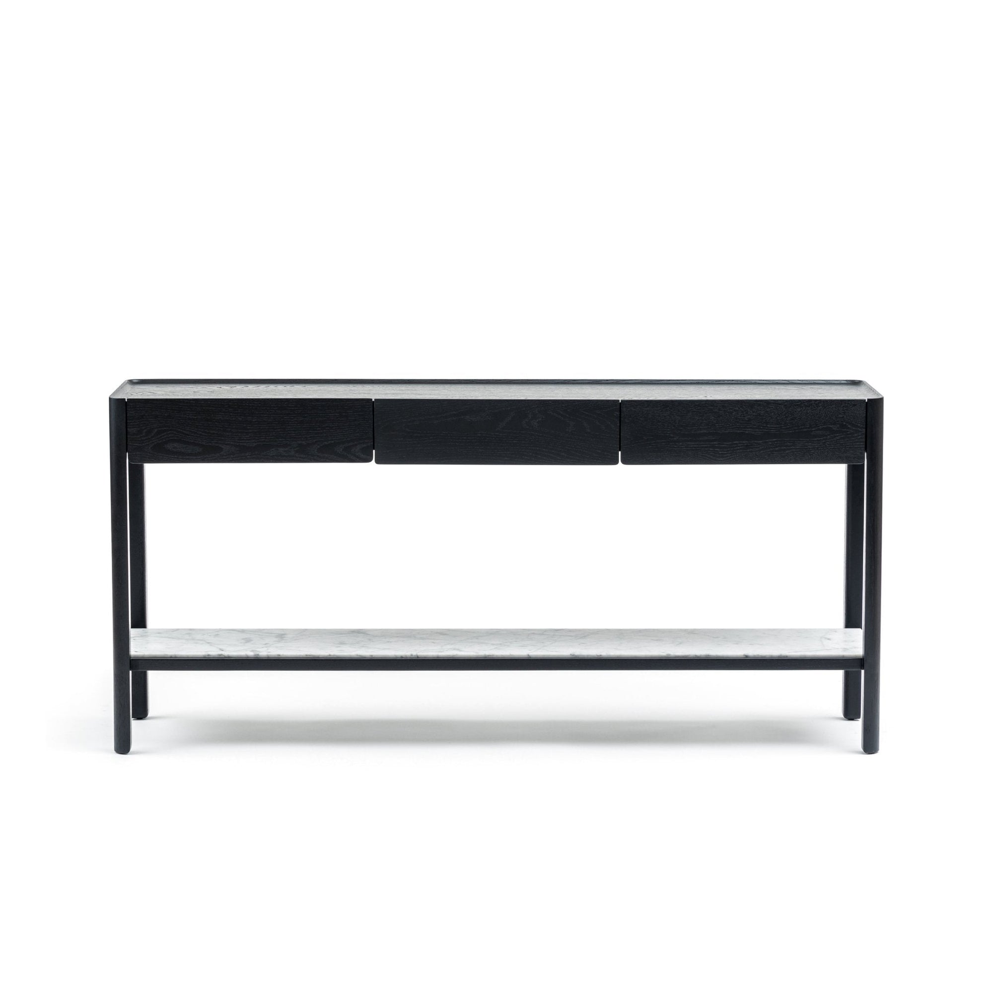 The Nell Console by Wooden Stories features a black oak frame, three drawers, and a stone lower shelf. Inspired by Scandinavian design, it is shown from the front against a plain white background.
