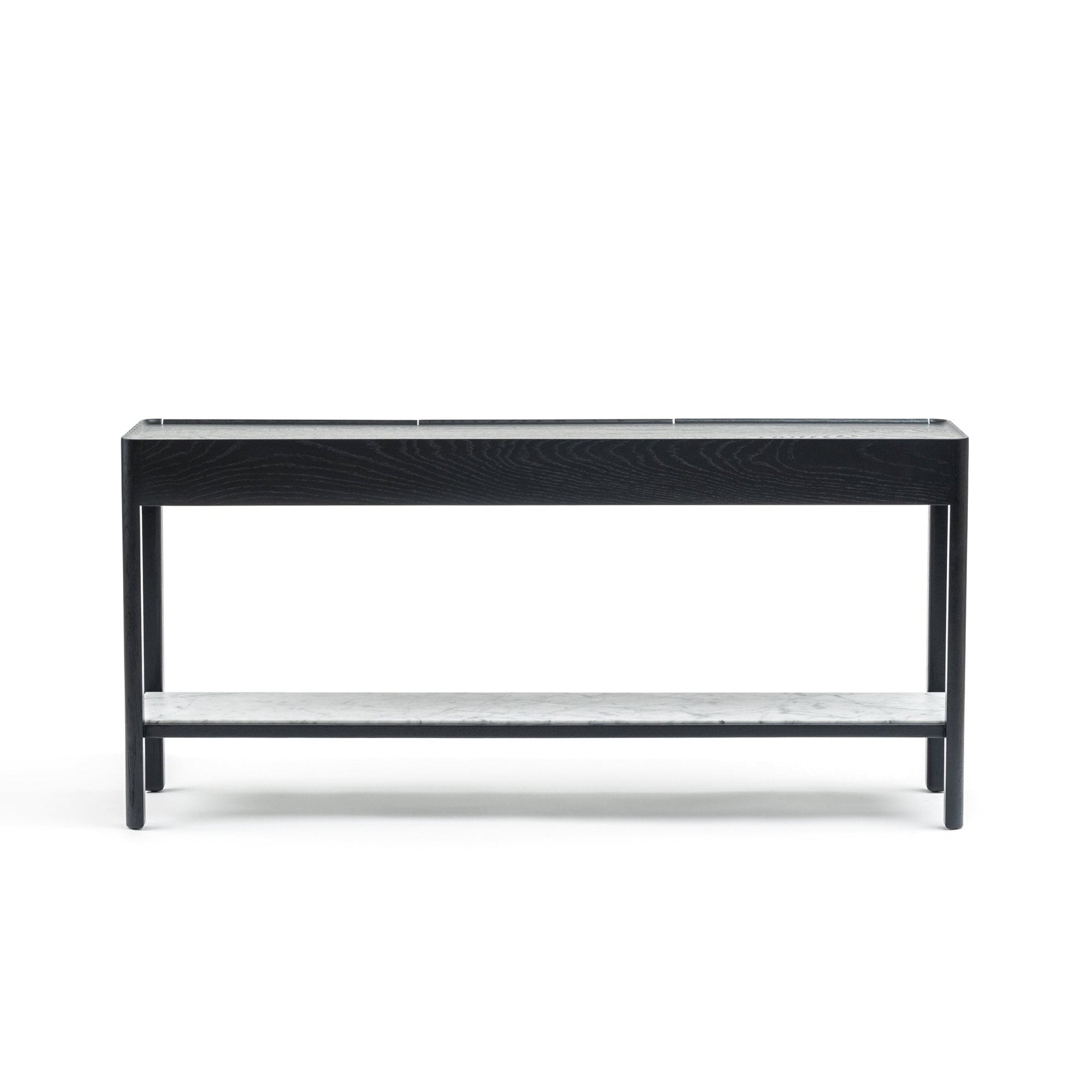 The Nell Console by Wooden Stories features a black oak frame with open sides and a white stone lower shelf, beautifully photographed against a plain white background.