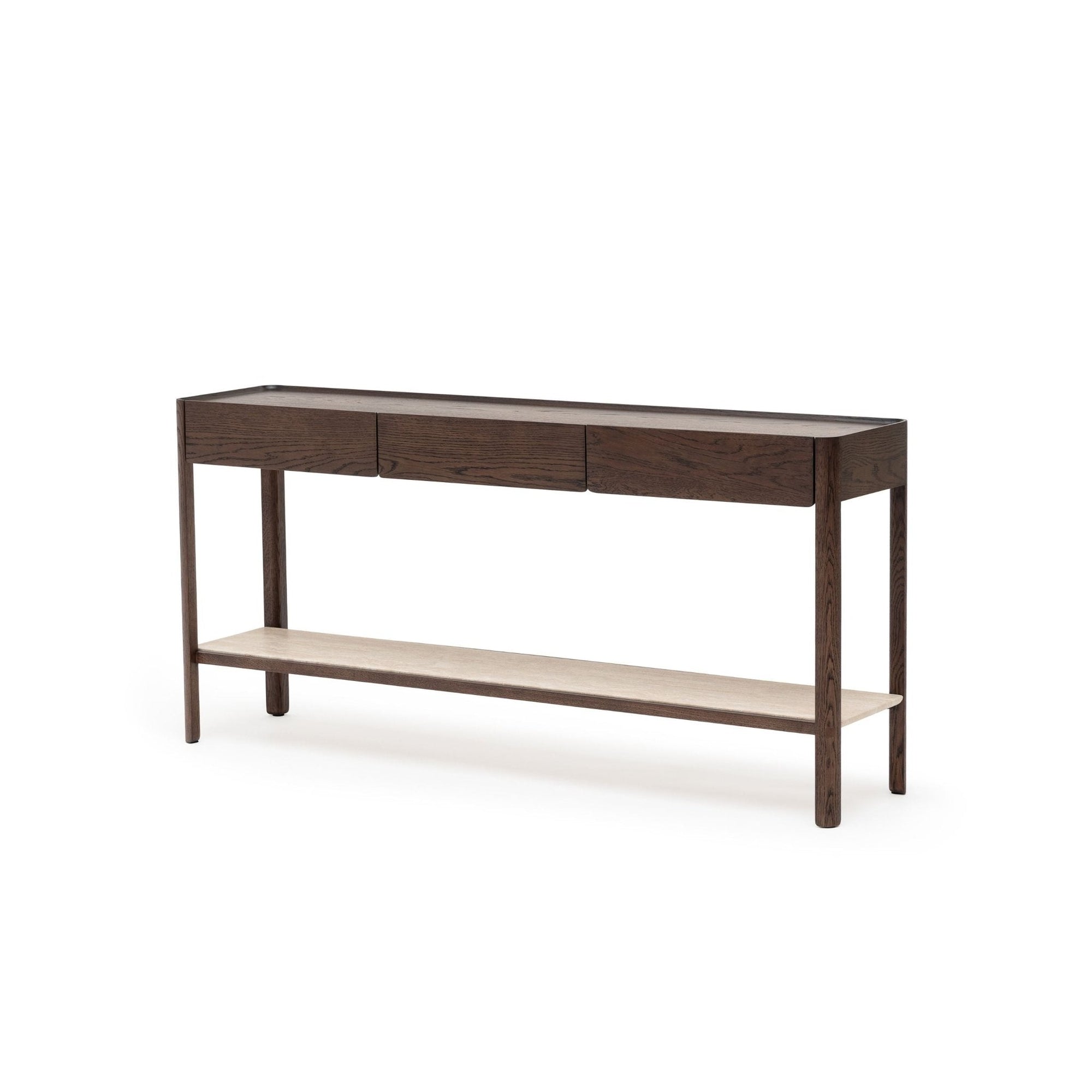 The Wooden Stories Nell Console features an espresso oak top, three soft-close drawers, four straight legs, and a stone-hued lower shelf, shown against a plain white background.