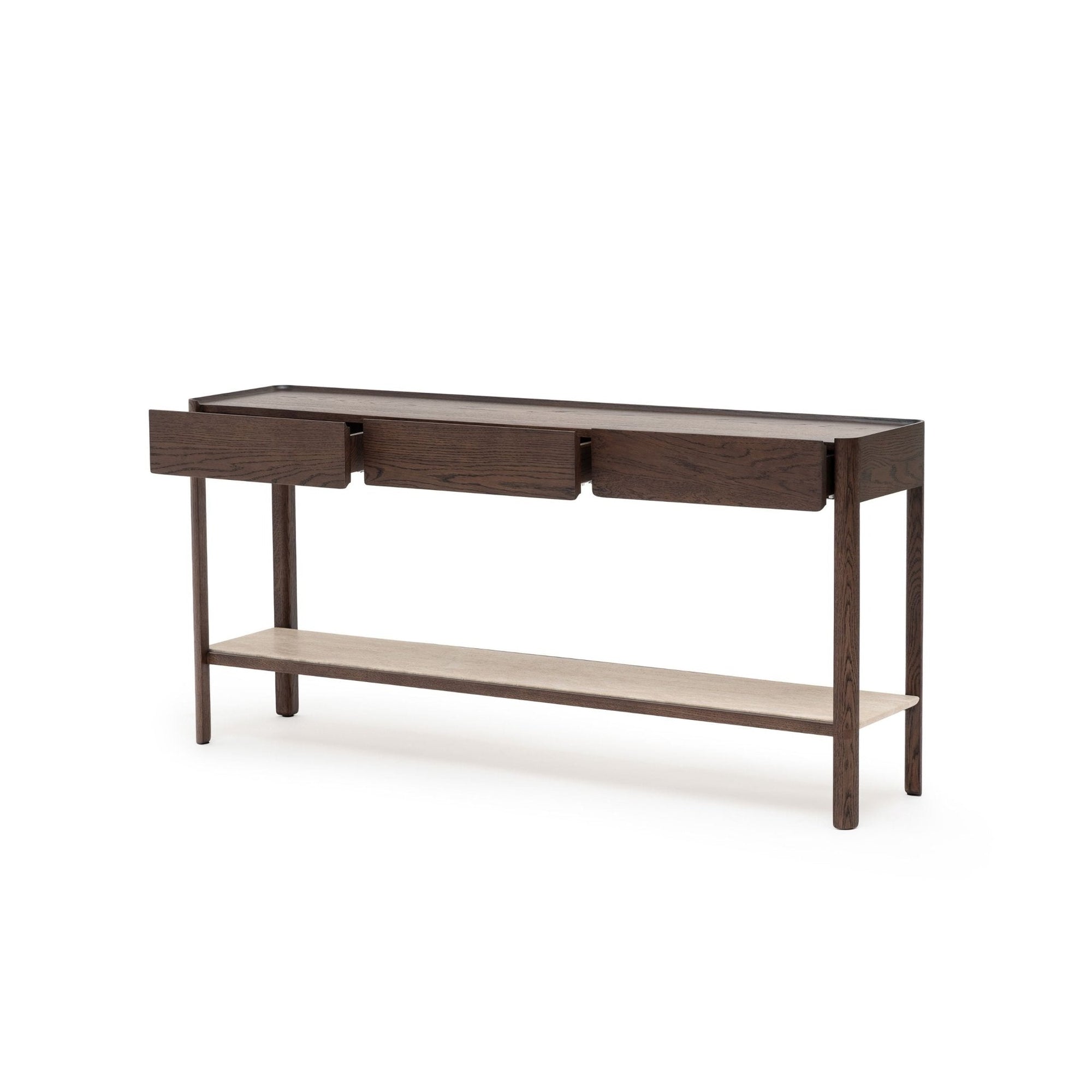 The Nell Console by Wooden Stories features solid espresso oak, three soft-close drawers, and a stone-colored lower shelf, shown against a white background.