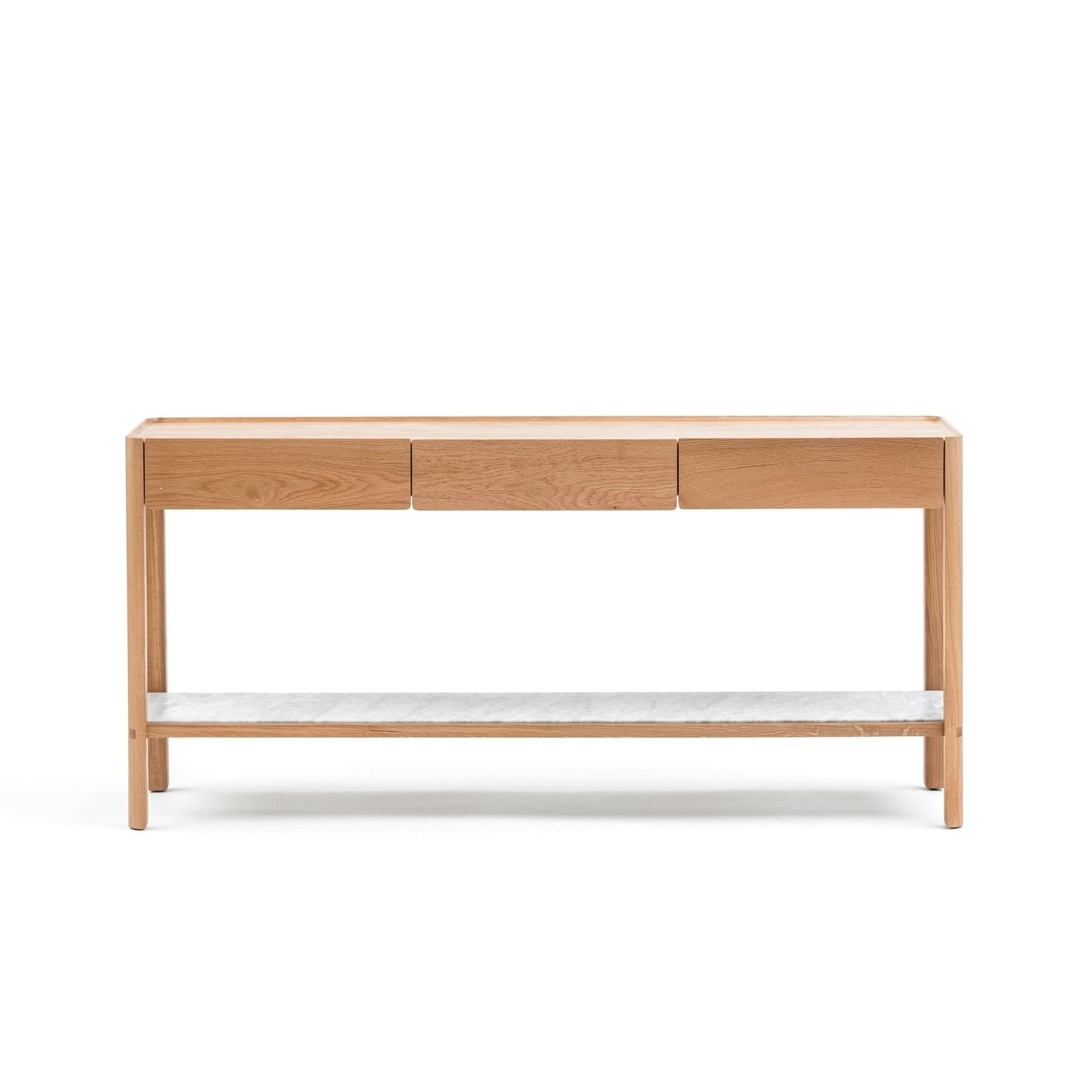 The Nell Console by Wooden Stories, in light oak with stone, features three drawers and a lower white marble shelf, shown against a plain white background.